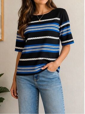 St. John Black, Blue & White Striped Knit Top